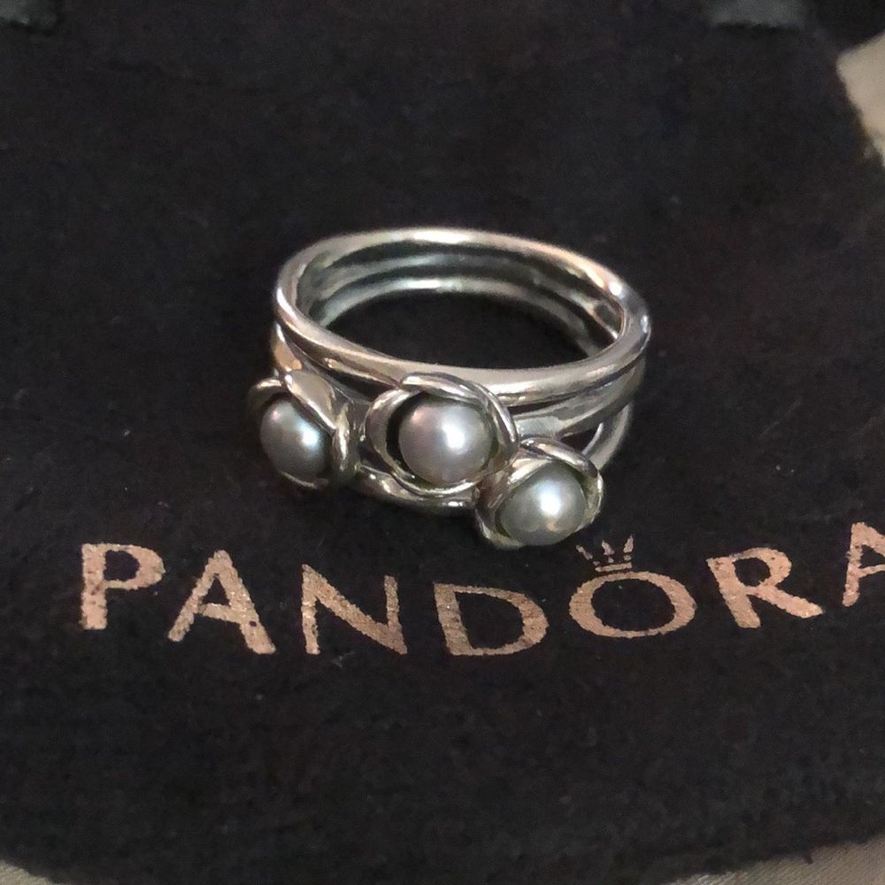 Genuine Pandora Three Wishes 3 Grey Pearl Sterling Silver Ring Rare HTF Sz 52/6